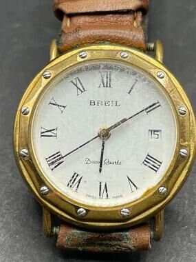 Vintage BREIL Davos Quartz Gold Tone Date Womne's Watch Brown Leather Band 28mm